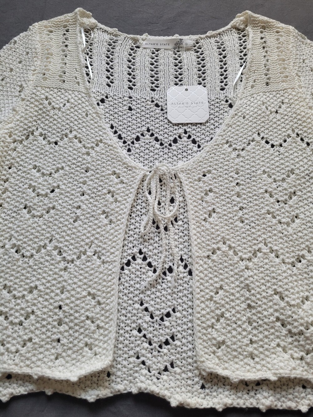 Altar'd State Leilani Tie Front Crochet Cardigan NWT Small Cream Boho Cottage - Picture 6 of 11